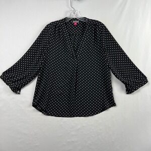 Vince Camuto Top Womens Black White Polka Dot V-Neck 3/4 Sleeve Blouse Size M